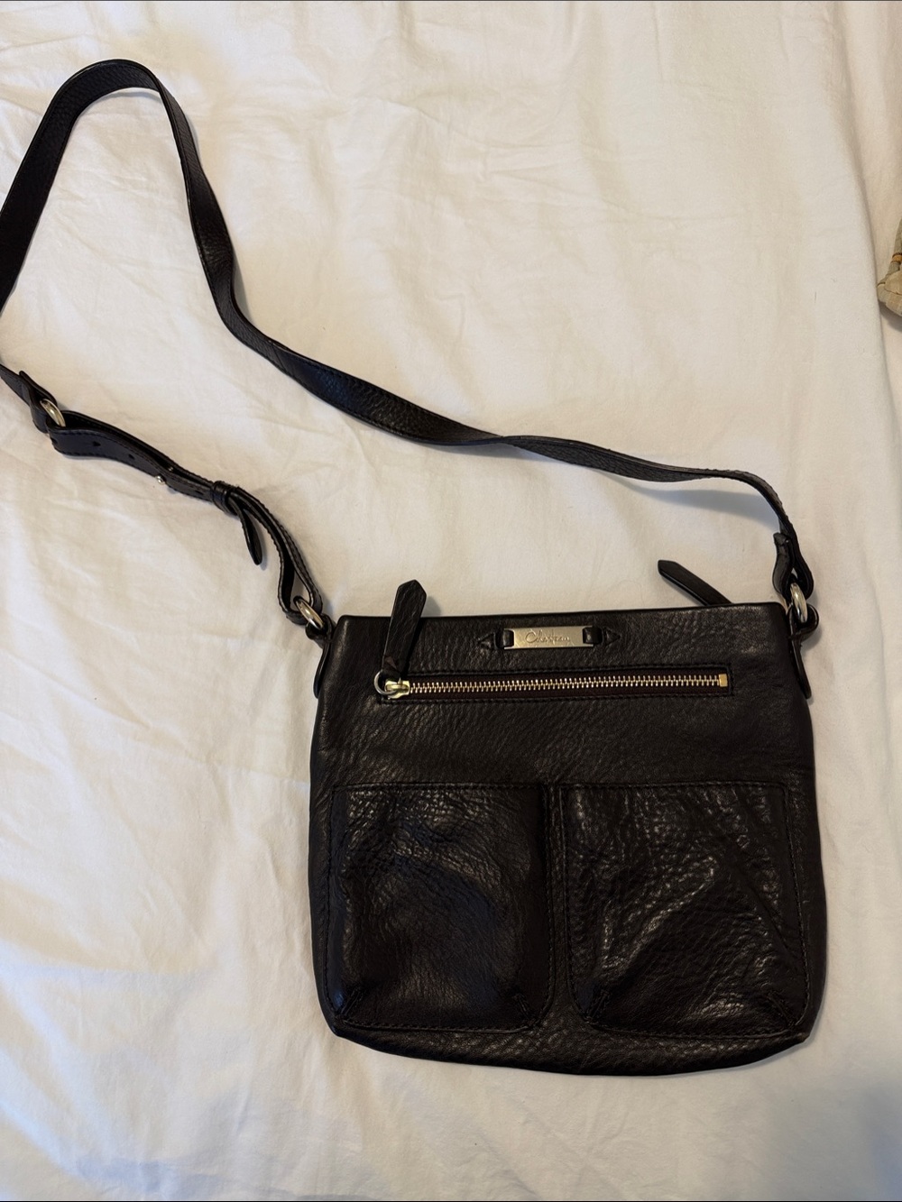 Cole Haan Black Pebbled Leather Crossbody with Dual Front Pockets